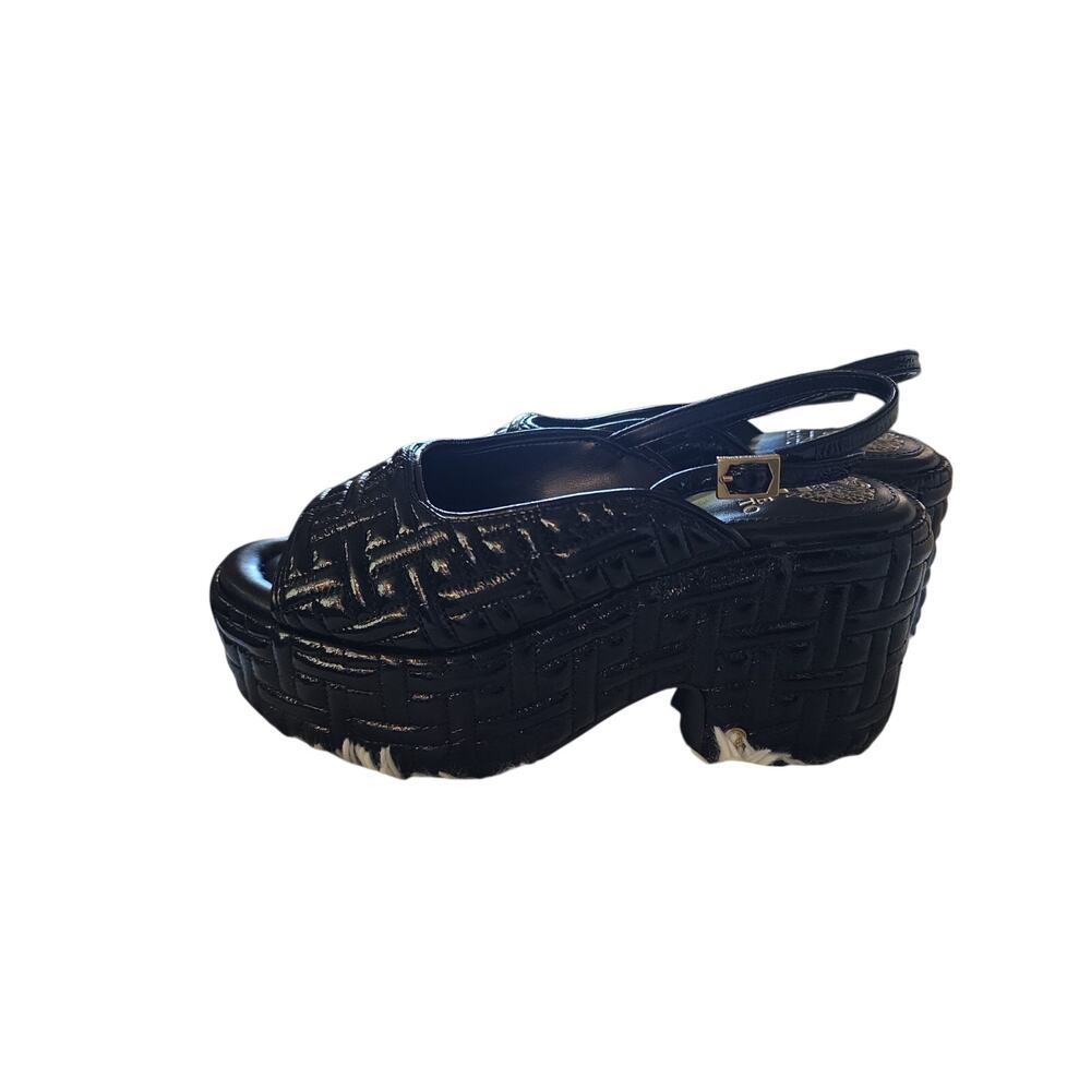 Vince Camuto Women's Black Patent Woven Slingback Platform Block Heel Sandals...